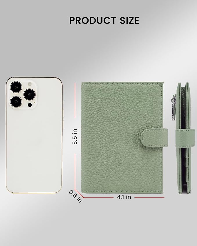 RFID Slim Passport Holder for Women, Compact Leather Passport Wallet with Card Holders SIM Slots,Zippered Coins Pocket and Cash Compartment Travel Passport Cover Case, Light Green