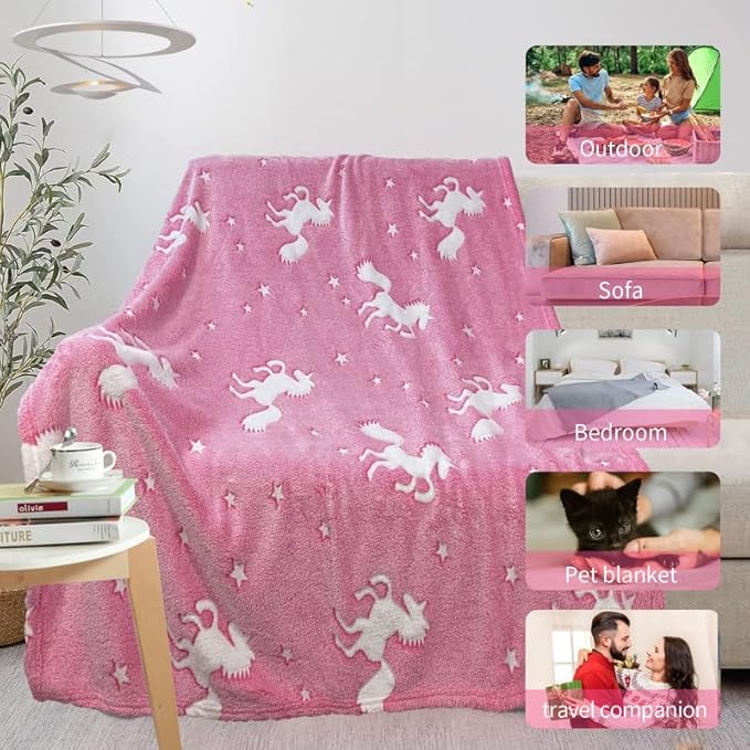 Unicorn Blanket for Girls, Glow in The Dark Blankets for Girls Kids Blankets for Girls, Personalized Blankets for Girls/Baby/Toddler, Unicorns Gifts for Girls Age 1-12, Soft Fleece Blanket 50"x 60"