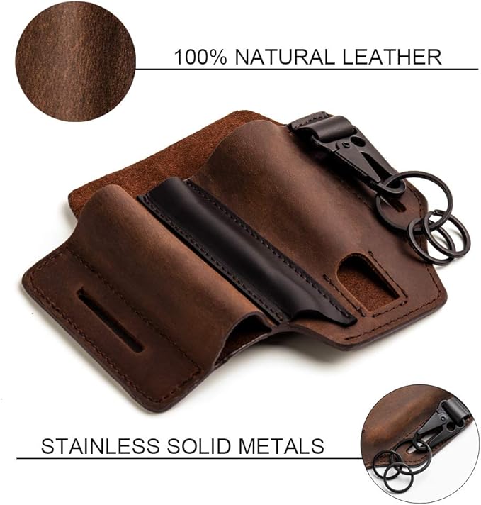 Gentlestache Multitool Sheath for Belt, Leatherman Sheath for Men, Leather EDC Pocket Organizer with Pen Holder, Key Fob, Flashlight Sheath, EDC Leather Pouch Darkbrownn
