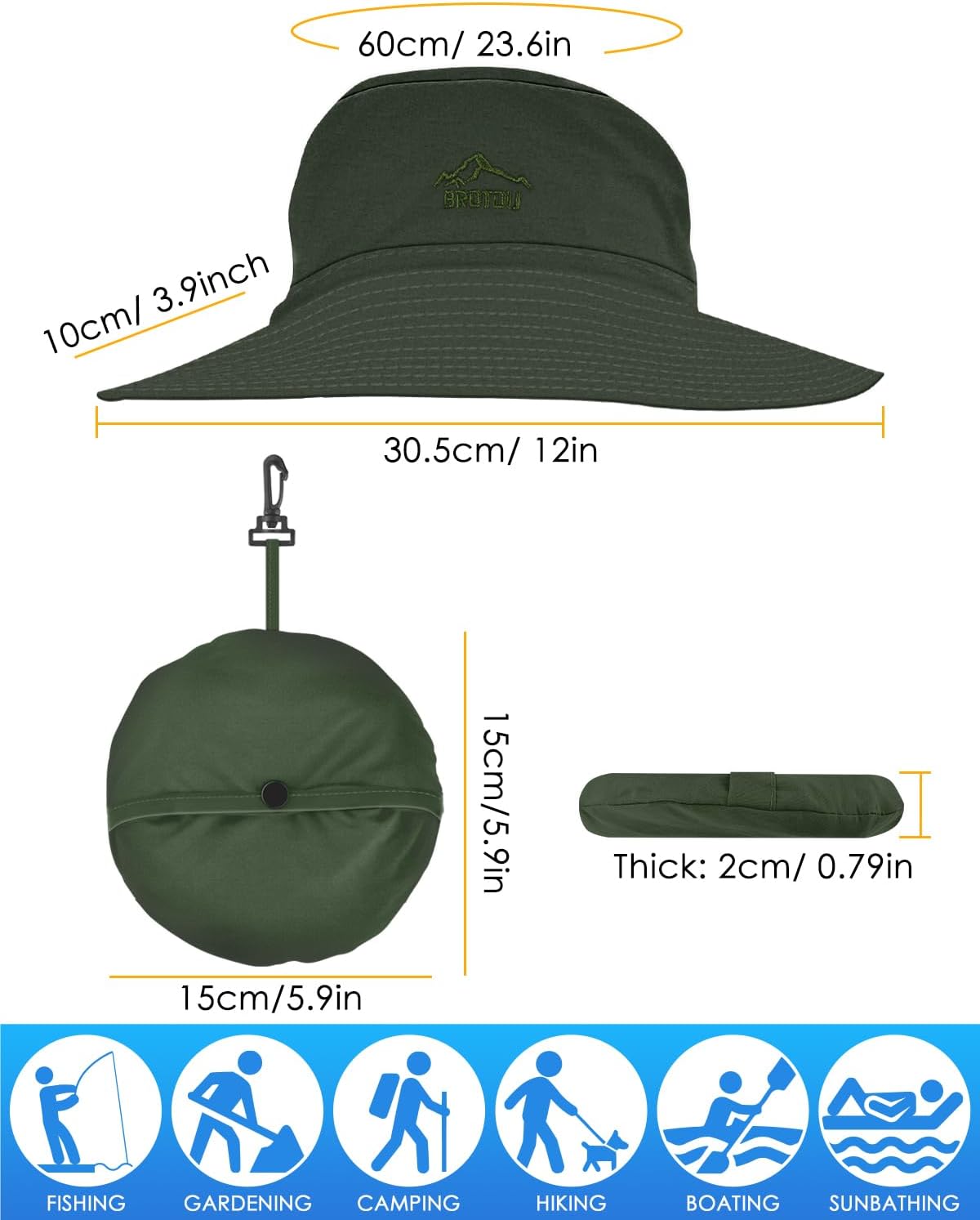BROTOU Foldable Bucket Hats for Women/Men, UPF 50+ Wide Brim Sun Hat, Waterproof Fishing Cap with UV Protection