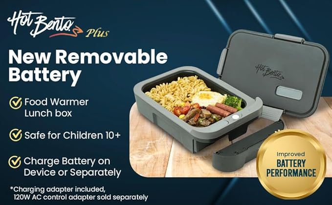Hot Bento Plus: Electric, Self Heating, rechargeable Lunch Box-10 minute heating and removable battery. Child Safe, Scientific Portion Control, School, Construction, Office, Recreation, Travel (Sky)