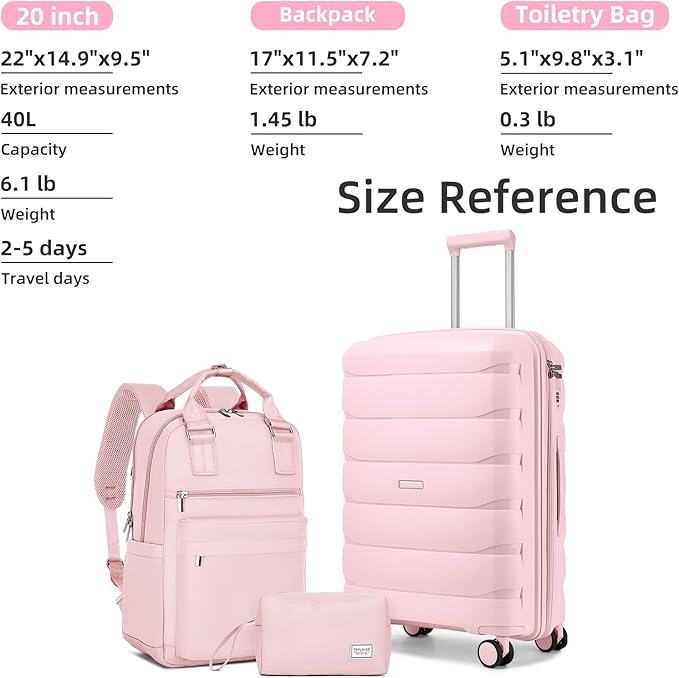 Carry On Luggage 22x14x9 Airline Approved, 22 Inch PP Hardshell Luggage Carry-on Suitcase with Spinner Wheels, Carry On Suitcase Set for Women (Pink)