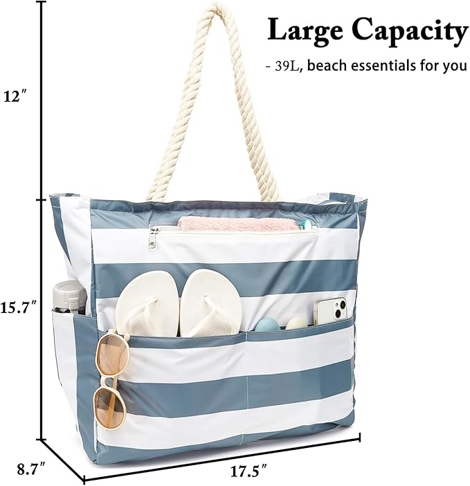 Large Canvas Beach Bag for Women, Beach Bags Waterproof Sandproof with Zipper & Wet Bag Cruise Essentials