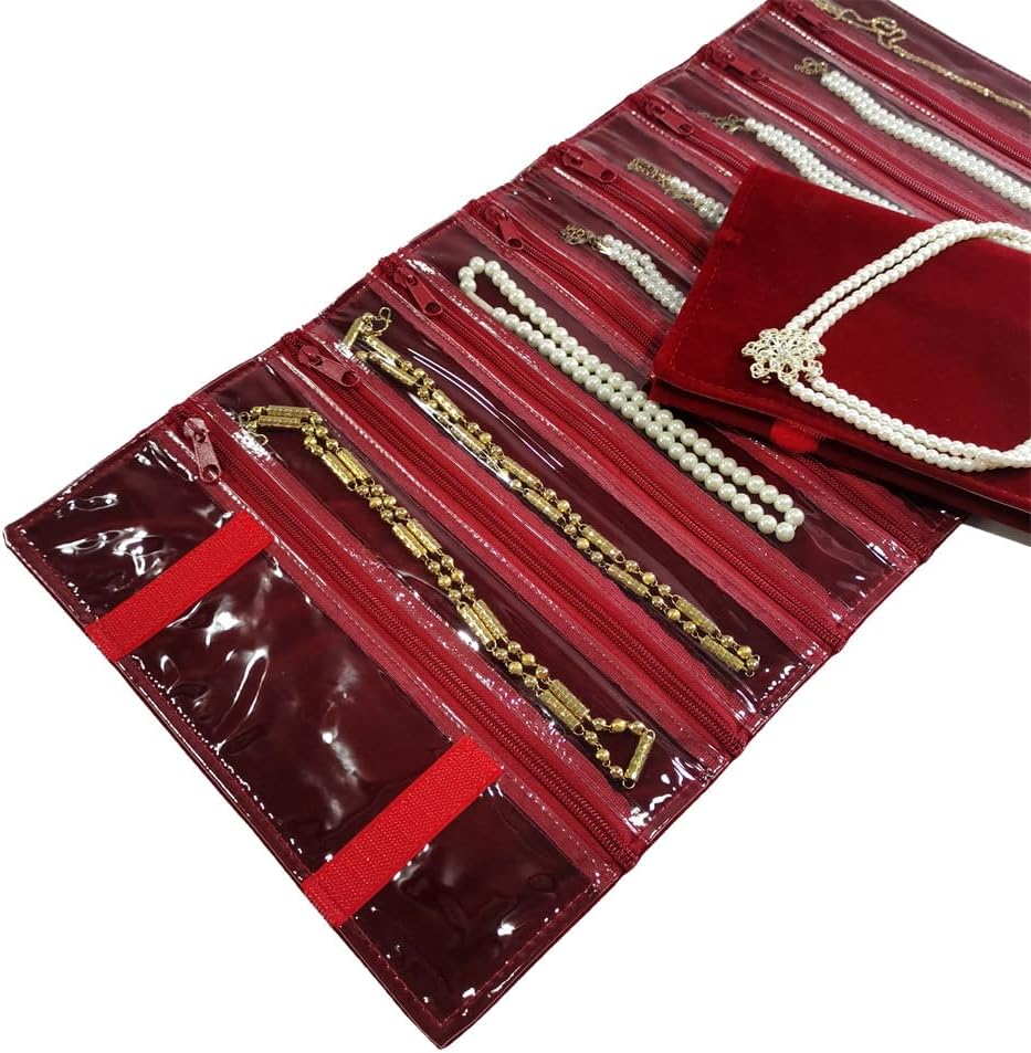 Travel Jewelry Roll Bag Portable Organizer Pouch With Grids&PVC Cover Storage Bags for Necklace, Bracelet, Bracelet,Ring, Badge, Pendant