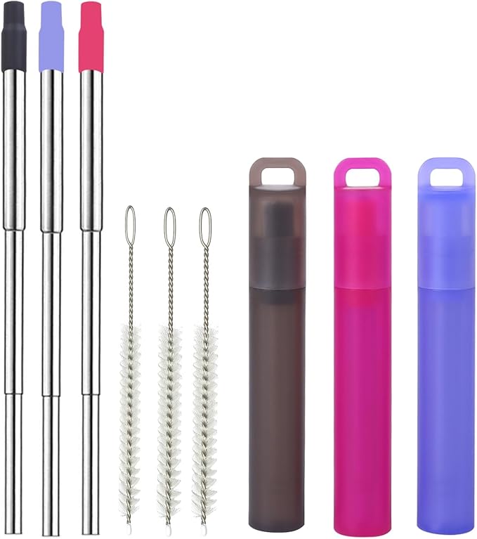 Reusable Metal Straws Travel 3 Pack Collapsible Straw with Case and Cleaning Brush Retractable Portable Pocket Straws