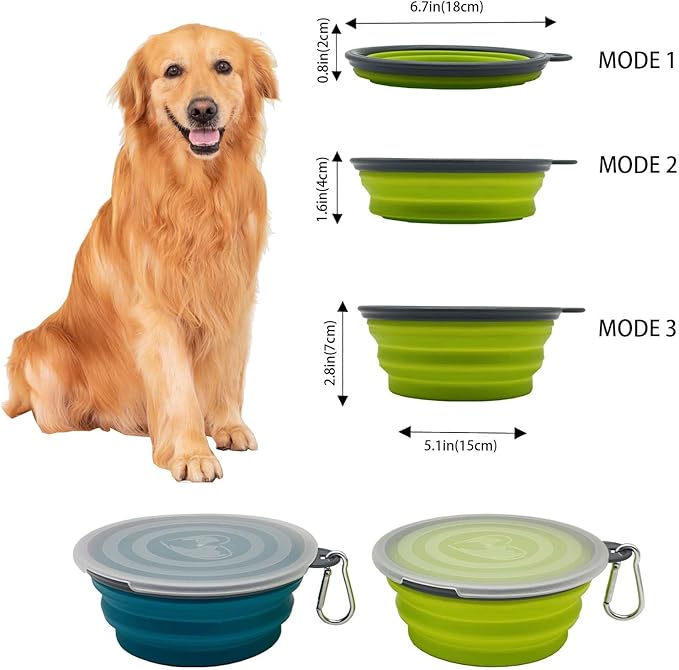 Large Collapsible Dog Bowl 35oz,2 Pack Portable and Foldable Pet Travel Bowls with 2 Carabiners & Lids for Dogs Cats and Small Animals (Blue+Green+Grey, 1000ml)