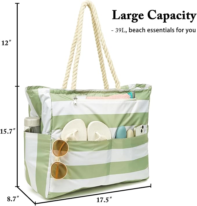 Large Canvas Beach Bag for Women, Beach Bags Waterproof Sandproof with Zipper & Wet Bag Cruise Essentials