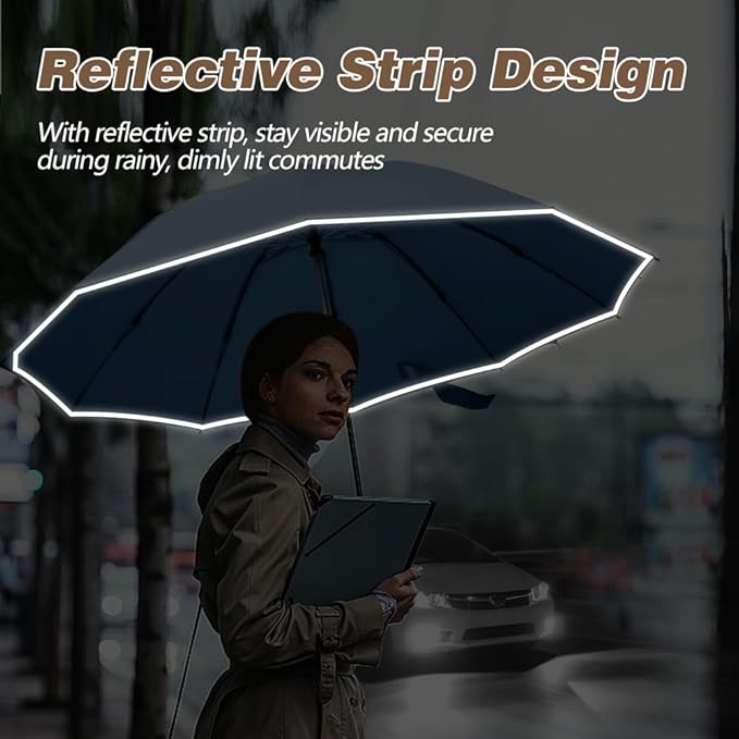TOPSAIL 10 Ribs Inverted Umbrella with Carabiner Handle, Large Sturdy Folding Umbrellas Windproof for Rain & Sun, 49" Big Reverse Foldadble Umbrella for Travel Portable with Safe Reflective Strip, for Women Men