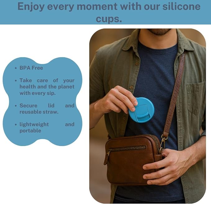 Collapsible Silicone Cup 12 oz – BPA Free Reusable Travel Cup with Lid & Straw – Foldable Pocket Size for Hot & Cold Drinks – Camping, Hiking, Office, Outdoor (Blue)