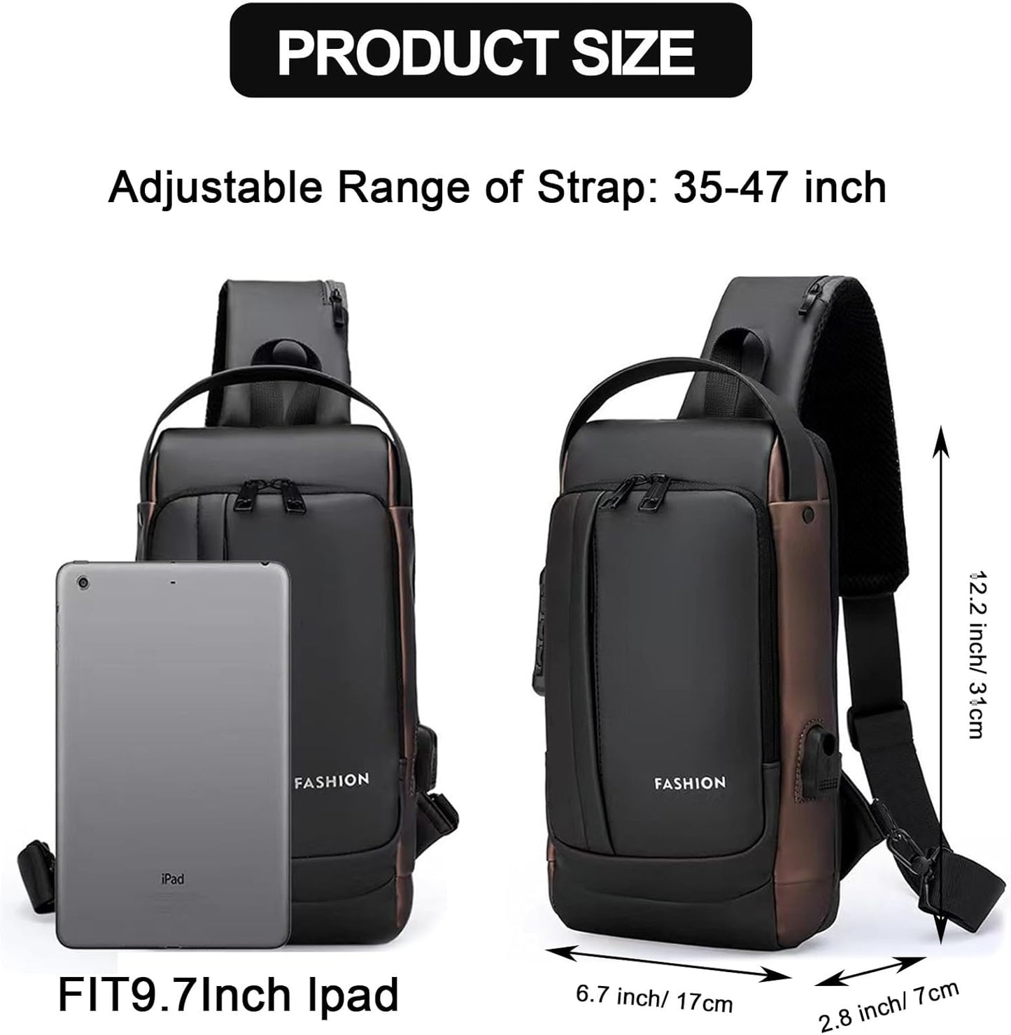 Sling Bag for Men Anti-theft USB Crossbody Shoulder Backpack Purse Waterproof PU Leather Chest Bag Travel Daily Use