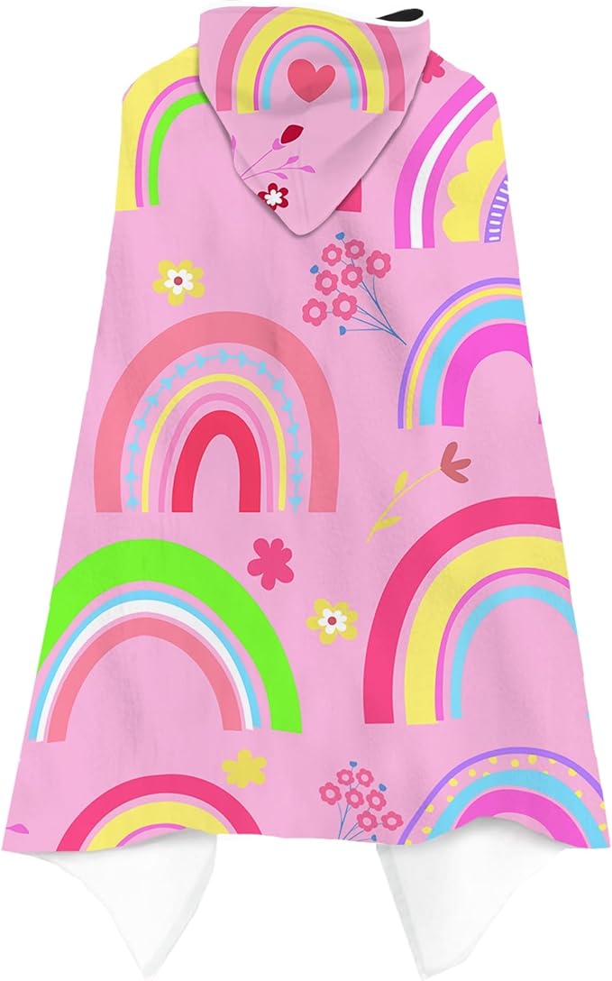 Bonsai Tree Rainbow Hooded Beach Towel for Kids Girls, Cute Unicorn Bath Towel with Hood, Pink Magic Rainbow Microfiber Super Absorbent Soft Poncho Bathrobe for Swin Pool 30”x50”