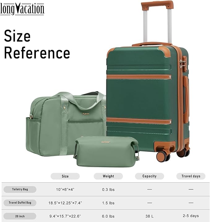 LONG VACATION Carry On Luggage Set 3 Piece, 20 Inch ABS+PC Hardshell Carry on Suitcase with Spinner Wheels TSA Lock & YKK Zipper