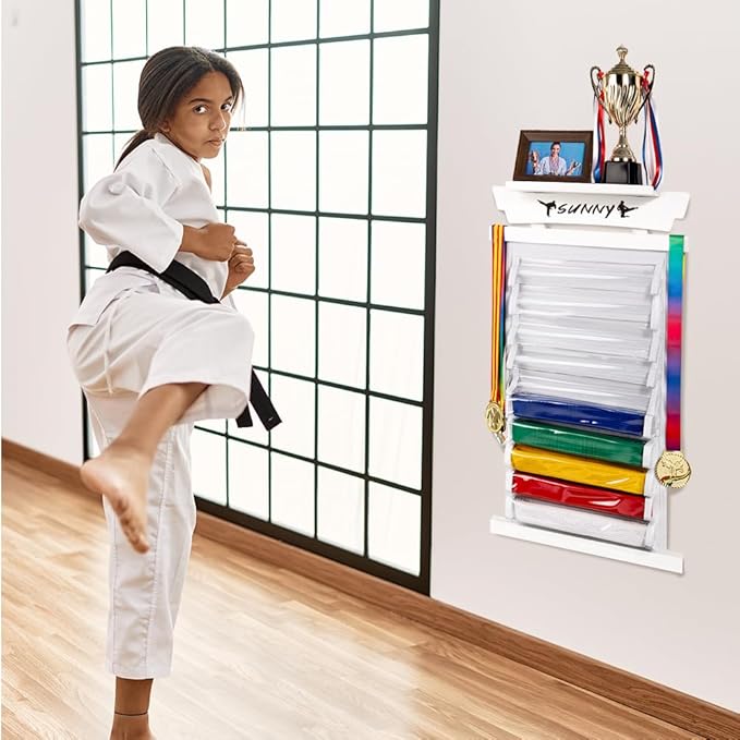 Tilhumt 10/12 Belts Karate Belt Display Rack with Photo Shelf, Felt Taekwondo Belt Display Rack Martial Arts Belt Display for Adults TKD, BJJ