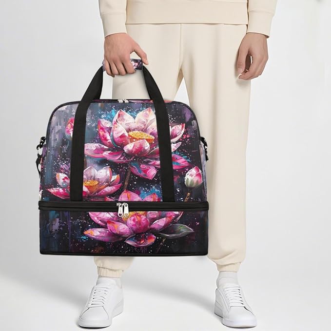 Pink Oil Painting Lotus Large Weekender Bag with Shoe Compartment Travel Duffel Bags for Women Carry On Hospital Overnight Bag Foldable Personal Item Travel Bags Tote Gym Sports Airplanes