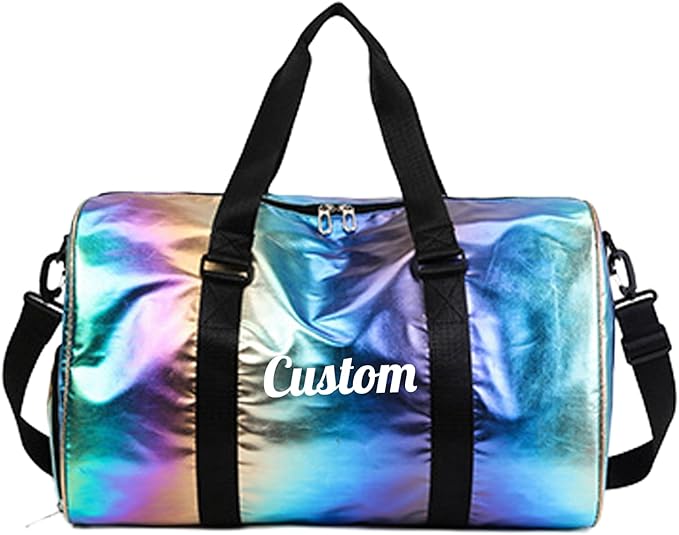 Personalized Holographic Gym Bag for Girls & Women, Custom Name Duffle Bag with Shoe Compartment & Wet Pocket, Weekender for Dance Cheer Travel (Colorful)