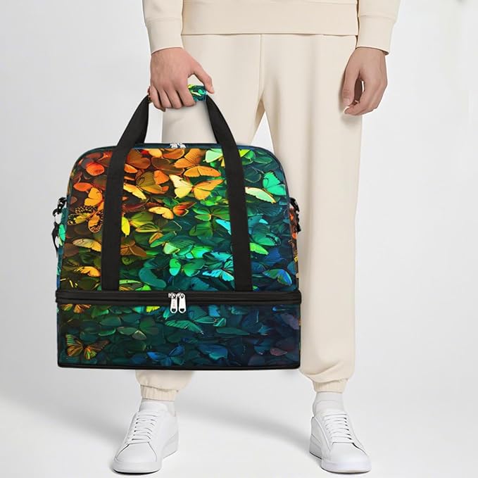Rainbow Colorful Butterfly Large Weekender Bag with Shoe Compartment Travel Duffel Bags for Women Carry On Hospital Overnight Bag Foldable Personal Item Travel Bags Tote Gym Sports Airplanes