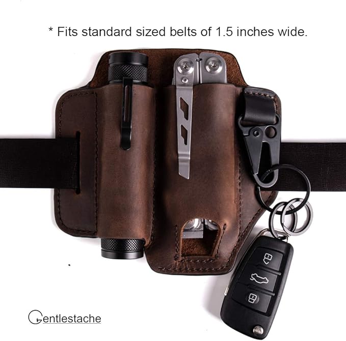 Gentlestache Leather Sheath for Leatherman Multitool Sheath EDC Pocket Organizer with Key Holder for Belt and Flashlight Sheath Multitool Pouch Darkbrown