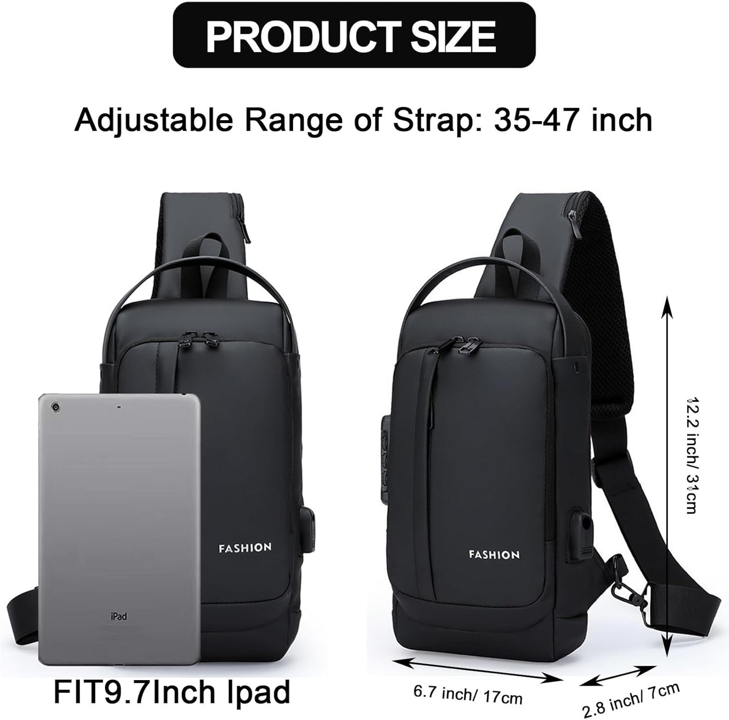 Sling Bag for Men Anti-theft USB Crossbody Shoulder Backpack Purse Waterproof PU Leather Chest Bag Travel Daily Use
