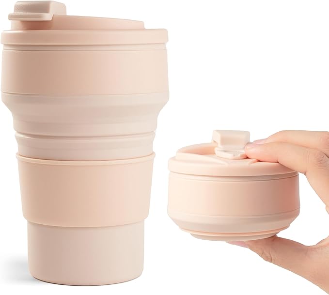 2Pcs Collapsible Cup for Traveling, Collapsible Silicone Travel Cup for Hot and 2 Drinks, Leak Proof Silicone Folding Travel Coffee Mug for Camping & Hiking, BPA Free 12oz Purple&Pink