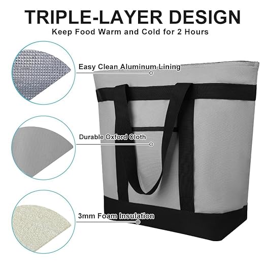 CIVJET Insulated Cooler Bag, 10PK Insulated Tote Bag for Grocery Shopping, Cooler Bags for Travel/Beach/Picnic, Pizza/Food Delivery Bag to Keep Cold/Hot (Oxford Cloth, Non-Waterproof, Grey)