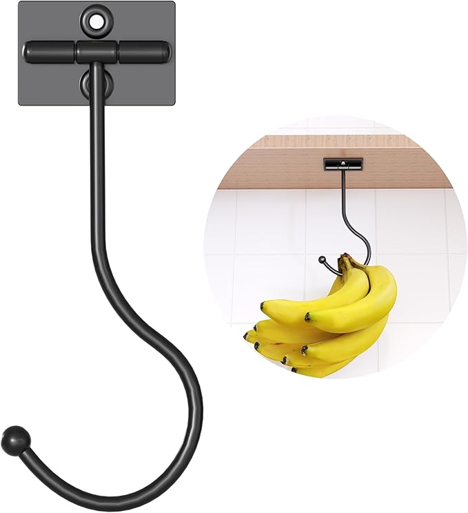 Under Cabinet Banana Hook Foldable - Adhesive Banana Holder, Foldable with Magnets When Not in Use, Under Counter Banana Hook, Stainless, Hold 13 LB, Black