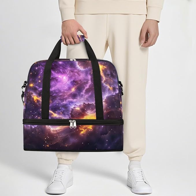 Purple Gold Abstract Nebula Large Weekender Bag with Shoe Compartment Travel Duffel Bags for Women Carry On Hospital Overnight Bag Foldable Personal Item Travel Bags Tote Gym Sports Airplanes