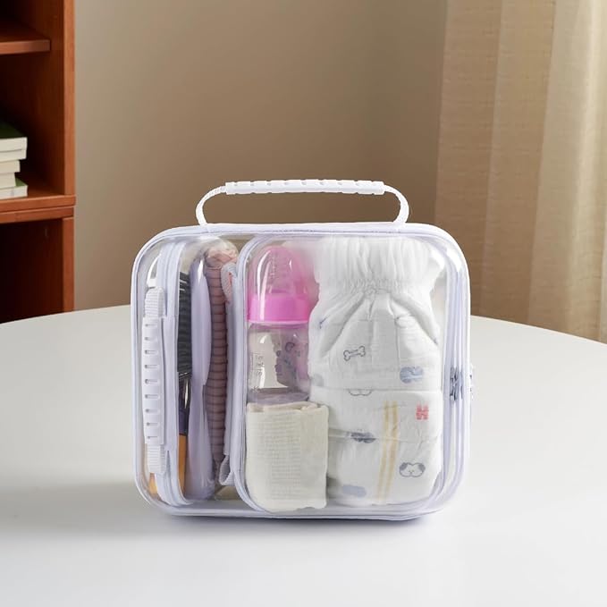 3 pcs Zipper Pouches with Handles, Clear Hard Shell Toiletry Bags, Stackable Travel Organizer, Cosmetic Bags, Transparent Diaper Bag Storage Cases (Handle-LMS)