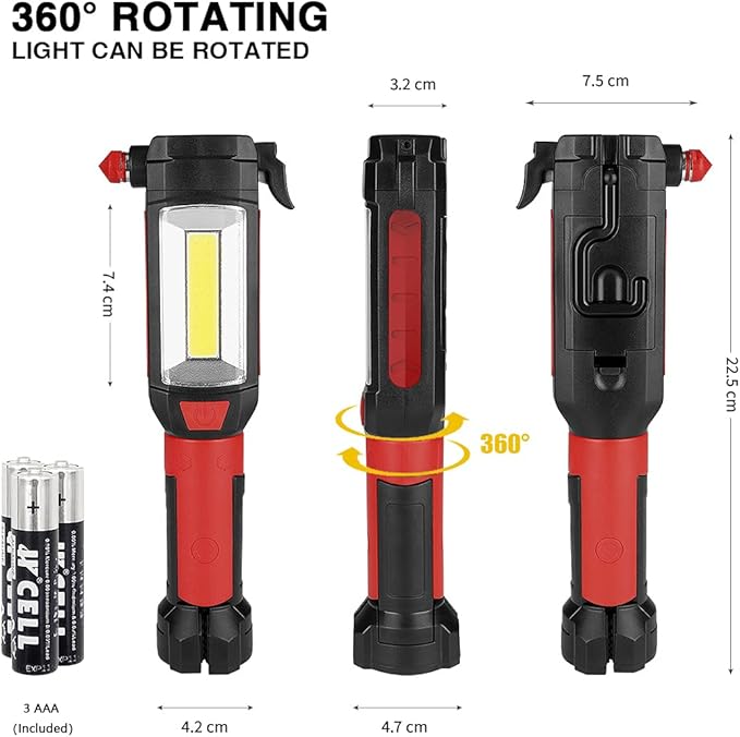Maksone 2 Pack 9-in-1 Emergency Auto Tool with Flashlight, Window Breaker & Seat Belt Cutter, Magnetic LED Work Light with Hook for Car Repair, Camping, and Emergency Use (Battery Included)