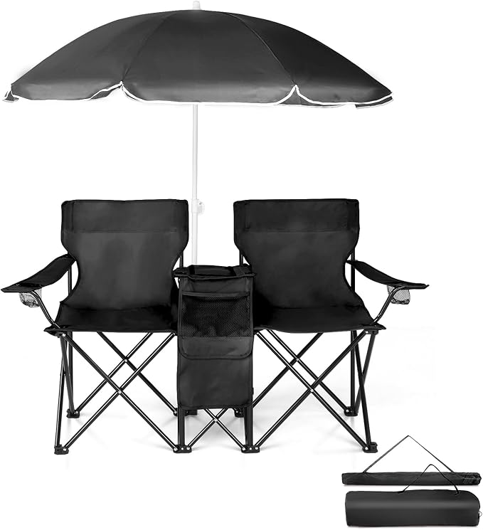 Double Folding Camping Chair W/Umbrella Fold Up Table Beverage Holder Carrying Bag Cooler for Patio Pool Park Outdoor Beach, Picnic, Portable (Black)