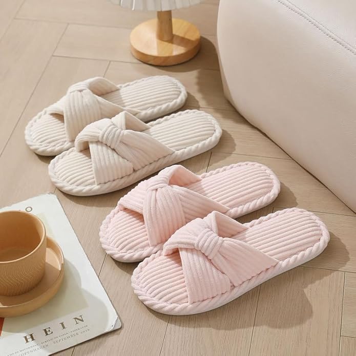 House Slippers for Women Corduroy Cross Bow Indoor Slippers Open Toe Slip On Bedroom Shoes with Memory Foam