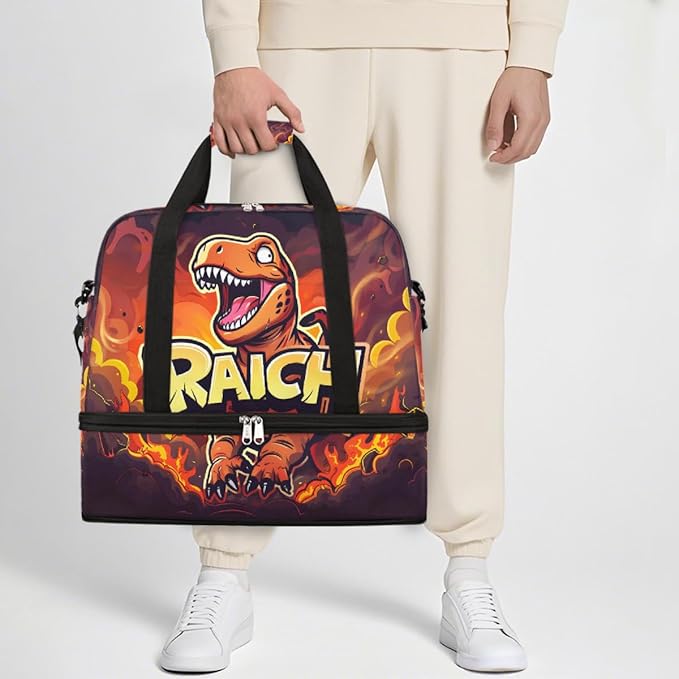 Red Animal Dinosaur Large Weekender Bag with Shoe Compartment Travel Duffel Bags for Women Carry On Hospital Overnight Bag Foldable Personal Item Travel Bags Tote Gym Sports Airplanes
