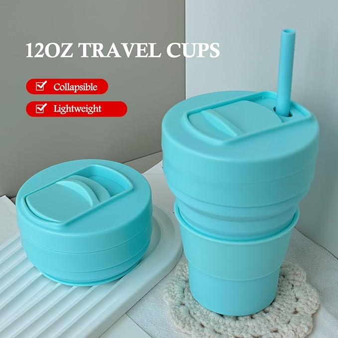Collapsible Travel Cups- Food Grade Silicone Coffee Cups with Straw Lid 350ml 12oz Lightweight