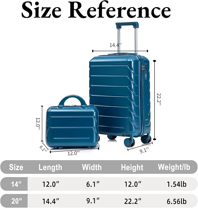2-Piece ABS Hard Shell Lightweight Carry-On Luggage Set (14" & 20"), 360-Degree Spinner Wheels, Adjustable Telescopic Handle and Combination Lock for Travel, Dark Blue