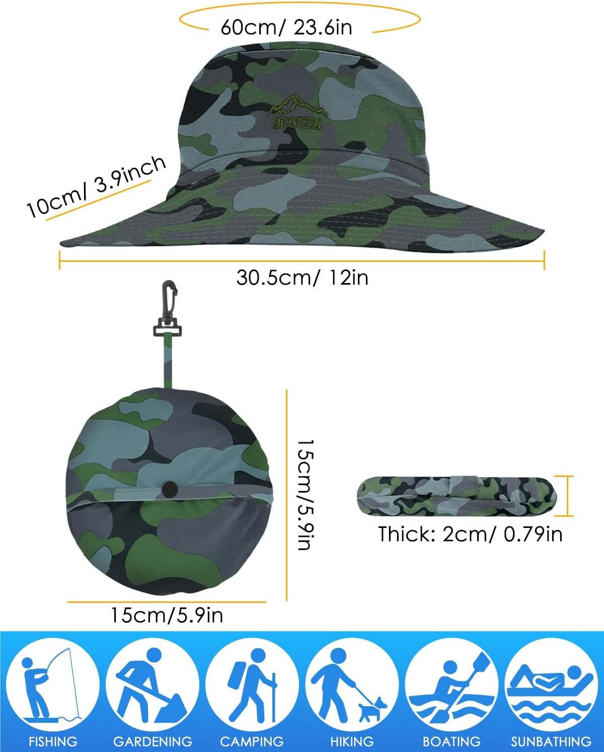 BROTOU Foldable Bucket Hats for Women/Men, UPF 50+ Wide Brim Sun Hat, Waterproof Fishing Cap with UV Protection