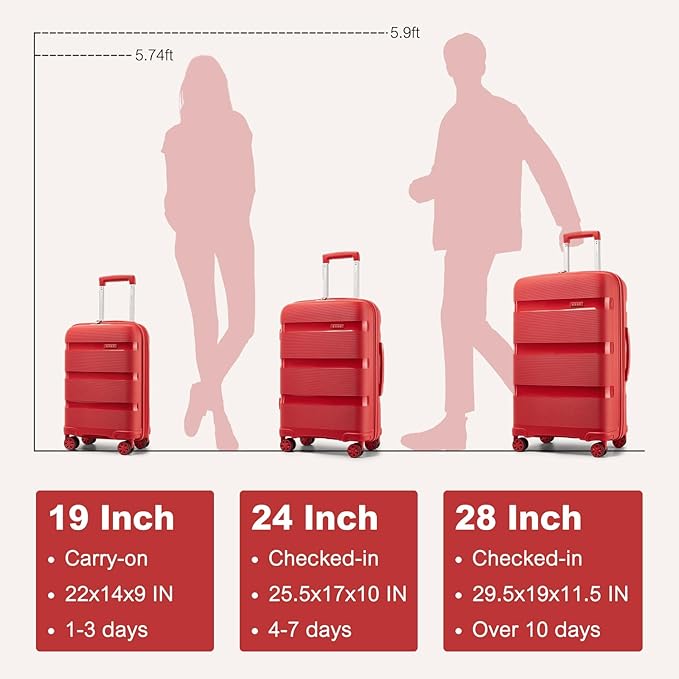 Kono Carry On Luggage 20 Inch Expandable 22x14x9 Airline Approved Hard Shell Travel Trolley 4 Spinner Wheels Lightweight Polypropylene Suitcase with TSA Lock, Red