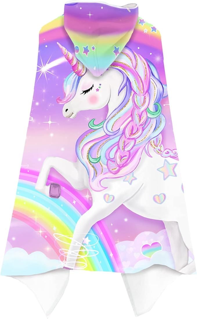 Bonsai Tree Unicorn Beach Towel, Unicorn Towel for Girls with Hood, Rainbow Unicorn Hooded Towel for Kids 30" x 50", Cute Cartoon Microfiber Absorbent Soft Bath Towel Poncho Bathrobe for Swin Pool