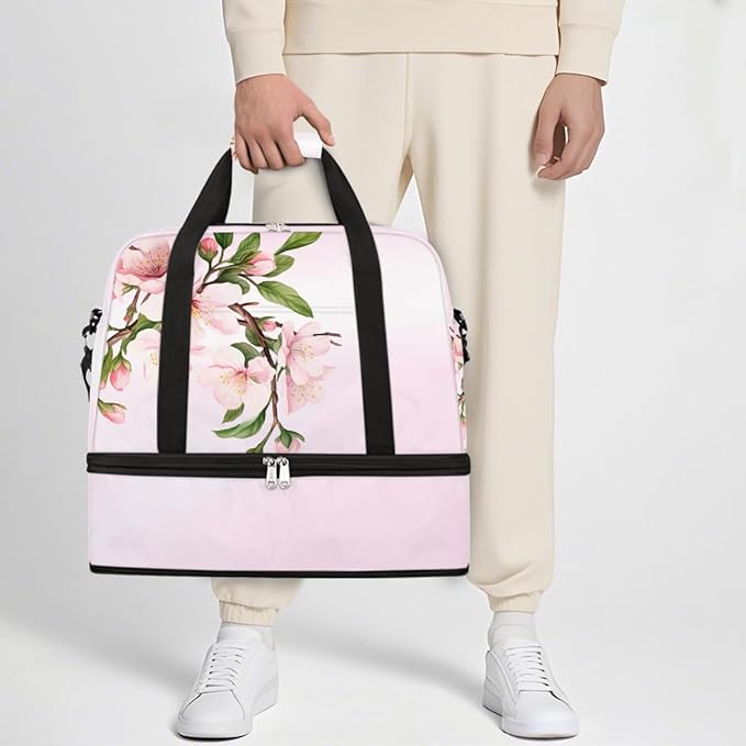 Pink Cherry Blossoms Large Weekender Bag with Shoe Compartment Travel Duffel Bags for Women Carry On Hospital Overnight Bag Foldable Personal Item Travel Bags Tote Gym Sports Airplanes