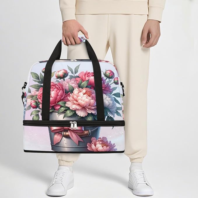 Pink Flowers Floral Large Weekender Bag with Shoe Compartment Travel Duffel Bags for Women Carry On Hospital Overnight Bag Foldable Personal Item Travel Bags Tote Gym Sports Airplanes