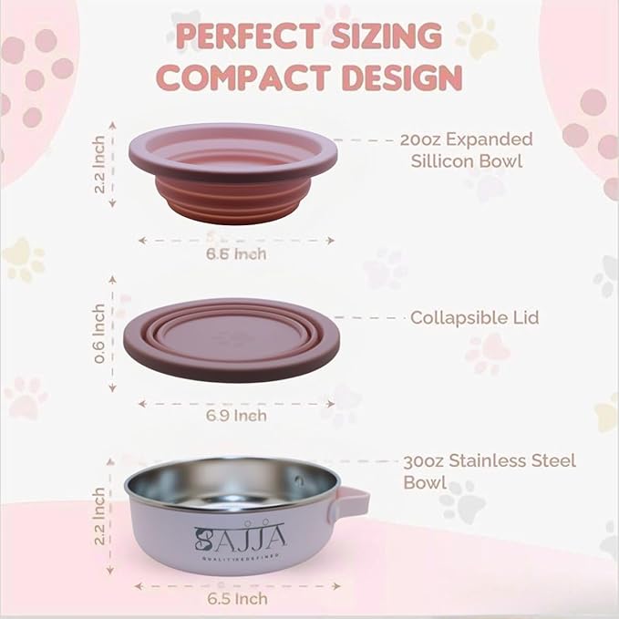 3-in-1 Travel Dog Bowl Set – 30 OZ Stainless Steel + 20 OZ Collapsible Water Bowl Lid | BPA-Free, Anti-Slip, Portable Dog Bowl w/Handle/Water Bottle Holder with Carabiner | Pink Bowls