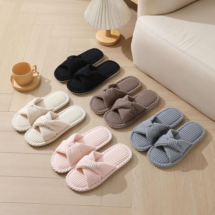 House Slippers for Women Corduroy Cross Bow Indoor Slippers Open Toe Slip On Bedroom Shoes with Memory Foam