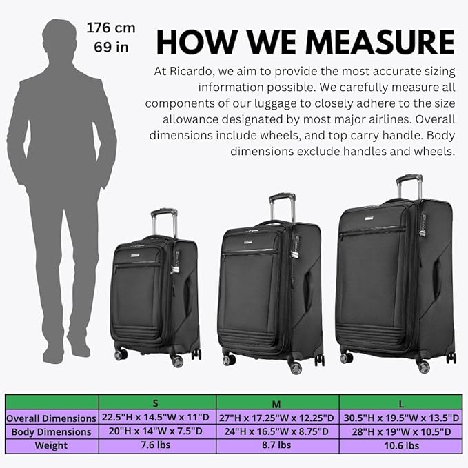 Ricardo Beverly Hills Avalon Softside 3-Piece Luggage Set Made with Sustainable 100% Recycled PET (rPET), Lightweight, Eco-Friendly Travel, Expandable, Dual Spinner Wheels, Black