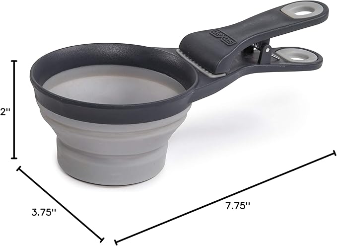 Dexas Pets Collapsible KlipScoop Collapsible Dry Dog Food Scoop and Dog Food Bag Clip, 1 Cup Capacity, Light Gray (PW660432429)