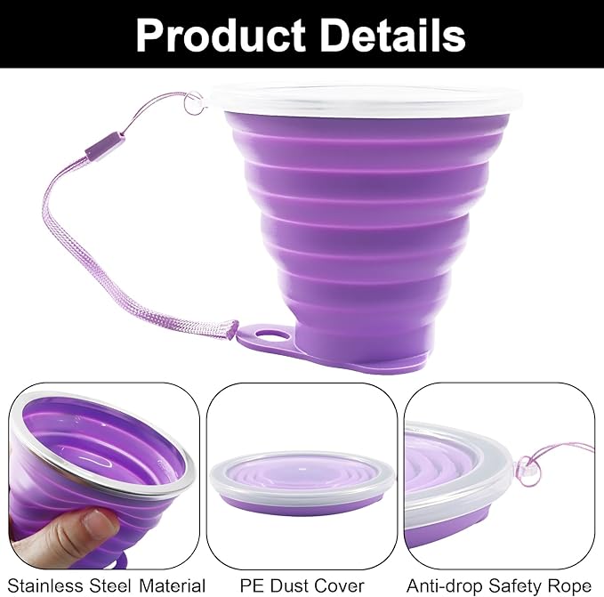 2 Pack Silicone Collapsible Cups for Camping Traveling, Small Portable Foldable Drinking Cup with Lid for Outdoor Hiking (270ml, Pink/Purple)