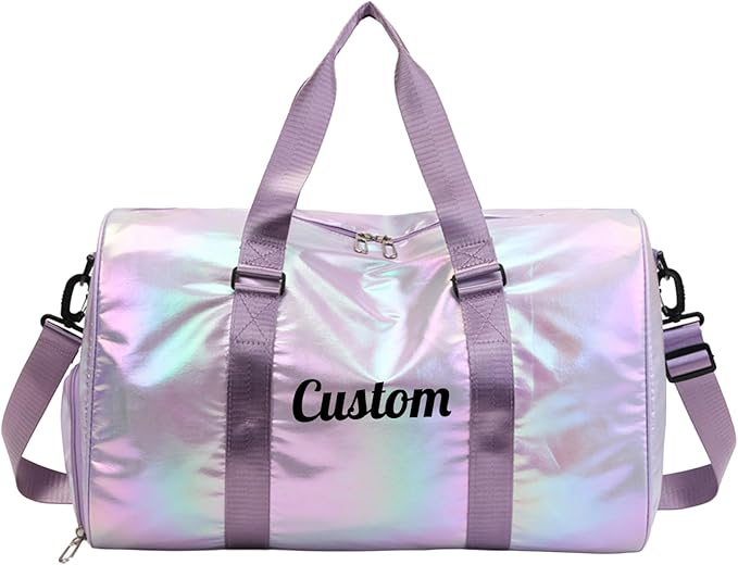 Personalized Holographic Gym Bag for Girls & Women, Custom Name Duffle Bag with Shoe Compartment & Wet Pocket, Weekender for Dance Cheer Travel (Purple)