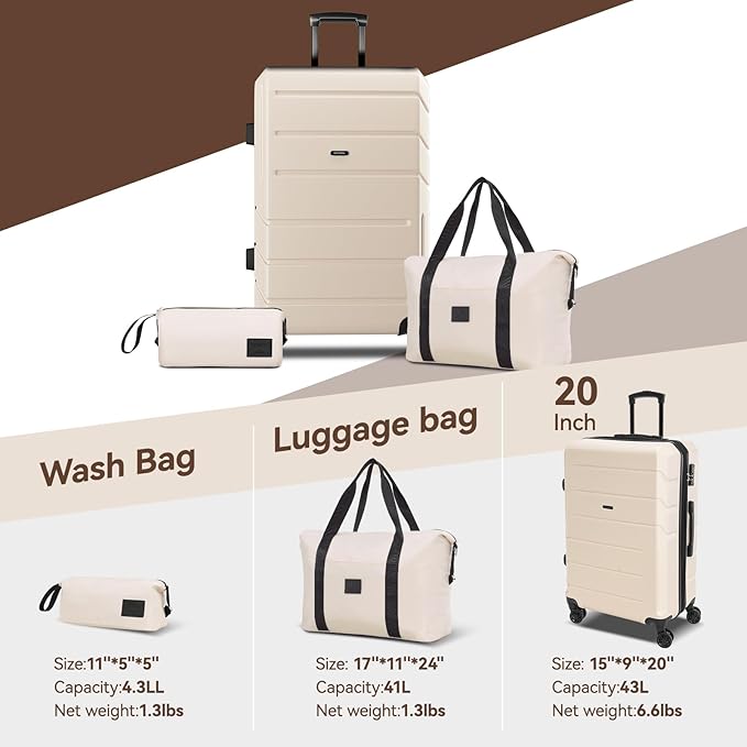 Hoteel Luggage Sets 3 Piece Expandable (4-YEARS WARRANTY) ABS+PC Hardshell Carry On Luggage Airline, Carry on Suitcase with Spinner Wheels & TSA Lock for Travel, Business, Beige (20in/DB/TB)