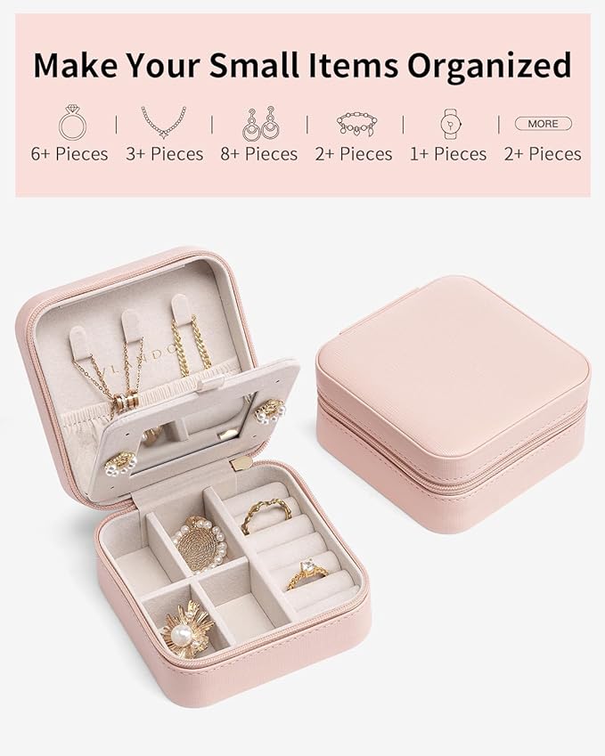 Vlando Travel Jewelry Box, Small Jewelry Travel Organizer Case for Girls Women - Pink Mirror*6 pack