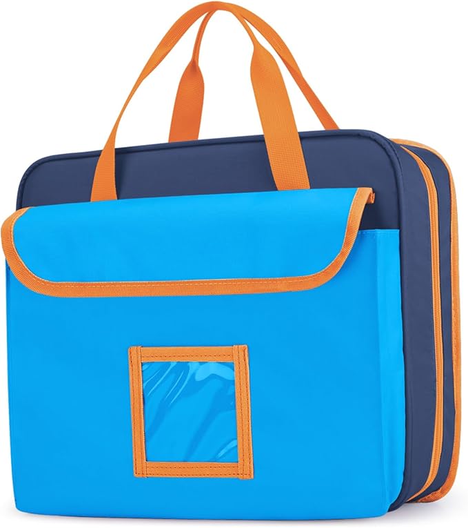 Zipper Document Bag for Boys and Girls, 9 Expandable Folders, Baby Portfolio Organizer Case with Customized Photo and Name Areas, Blue