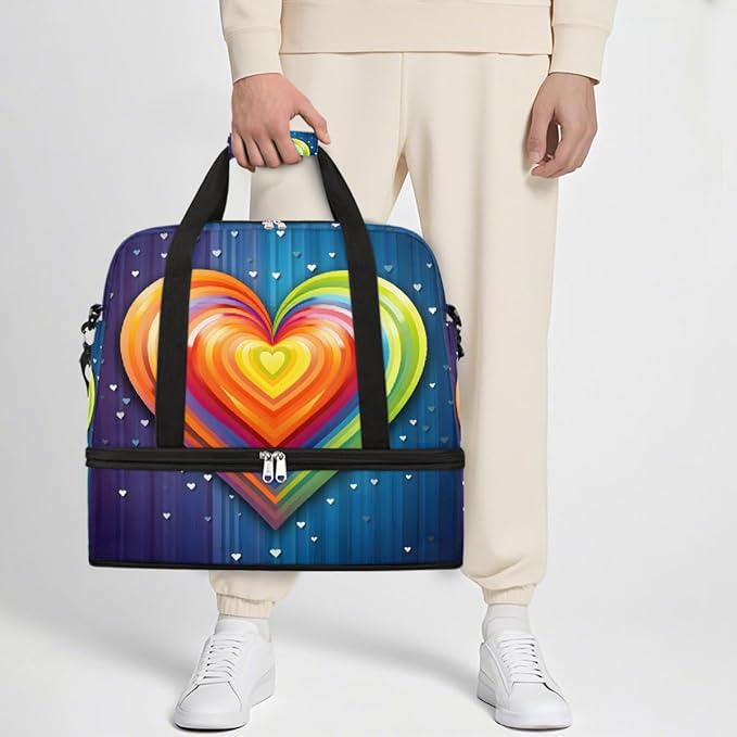 Rainbow Blue Abstract Heart Large Weekender Bag with Shoe Compartment Travel Duffel Bags for Women Carry On Hospital Overnight Bag Foldable Personal Item Travel Bags Tote Gym Sports Airplanes