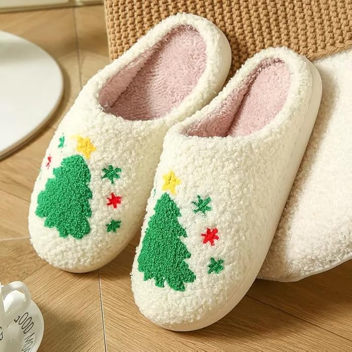 Unisex Xmas Elk Shoes Santa Reindeer Cute Strawberry Cartoon Christmas Tree Pink Bow Memory Foam Soft Plush House Slippers Indoor/Outdoor