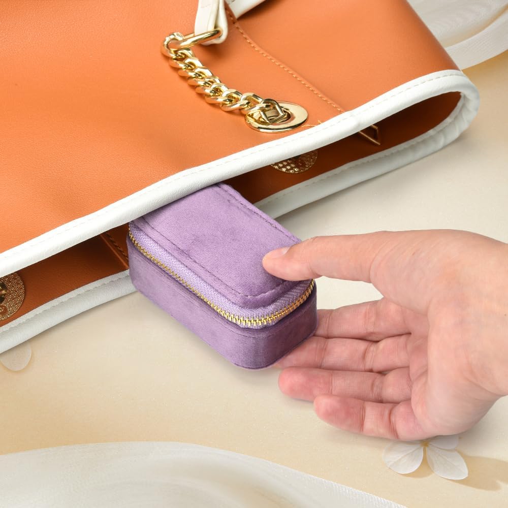 Small Travel Jewelry Case, Mini Tiny Plush Velvet Jewelry Box for Women and Girls, Pocket Size Jewelry holder organizer for Rings Earrings and Small Items(Lavender)